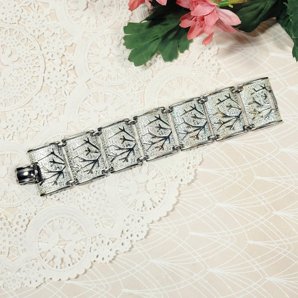 Vintage Coro Silver Tone Panel Bracelet Textured Branch Link Bracelet Signed